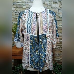 Chicme Foral Patchwork Zipper‎ Blouse Top XL Cottagecore